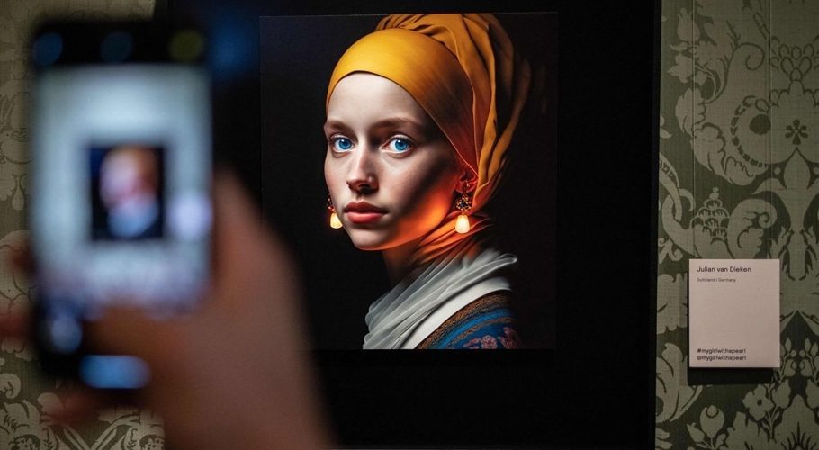 A visitor takes a picture with his mobile phone of an image designed with artificial intelligence by Berlin-based digital creator Julian van Dieken (C) inspired by Johannes Vermeer's painting 'Girl with a Pearl Earring' at the Mauritshuis museum in The Hague. Photo: AFP