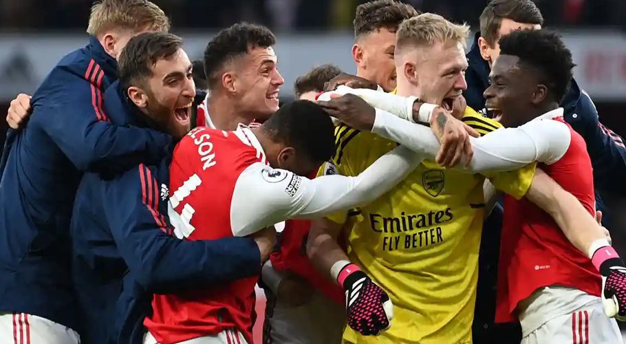 Celebrations as Arsenal beat Bournemouth after Reiss Nelson scores an injury time winner. Photograph: Glyn Kirk/AFP/Getty Images