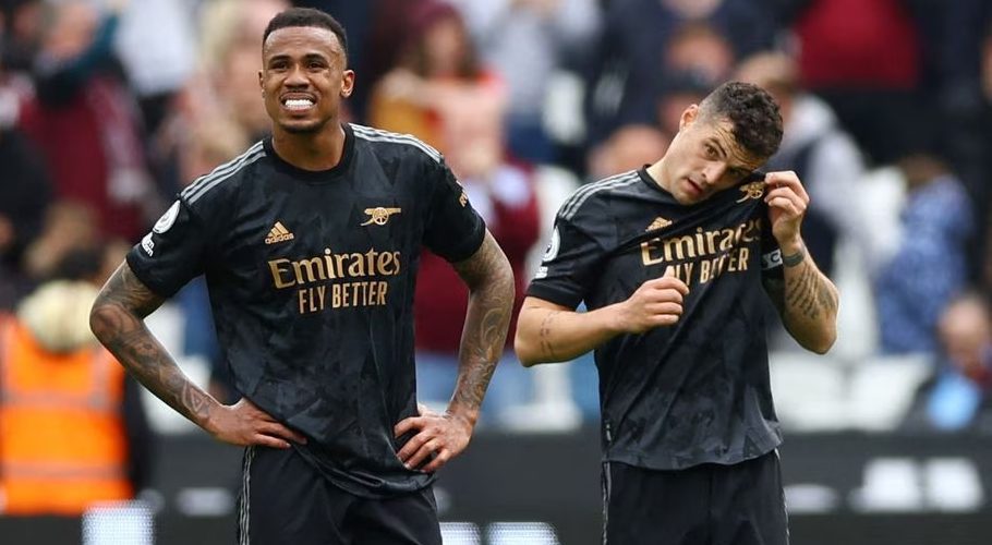 Premier League - West Ham United v Arsenal - London Stadium, London, Britain - April 16, 2023 Arsenal's Gabriel and Granit Xhaka look dejected after the match Action Images via Reuters/Matthew Childs