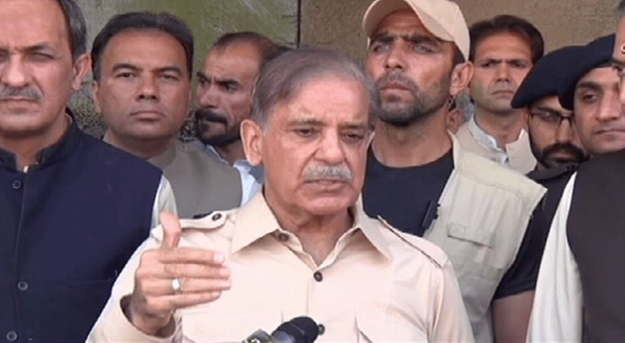 FILE Prime Minister Shehbaz Sharif talks to the media in Lahore on Saturday. — (Image: DawnNewsTV)