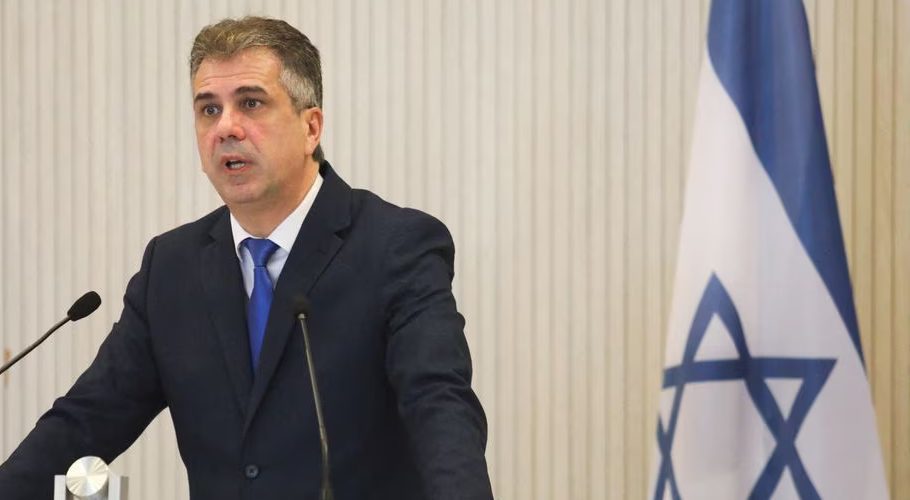 FILE PHOTO-Israeli Foreign Minister Eli Cohen talks during a news conference with Cyprus Foreign Minister Constantinos Kombos and Greek Foreign Minister Nikos Dendias at the Presidential Palace in Nicosia, Cyprus March 31, 2023. REUTERS/Yiannis Kourtoglou