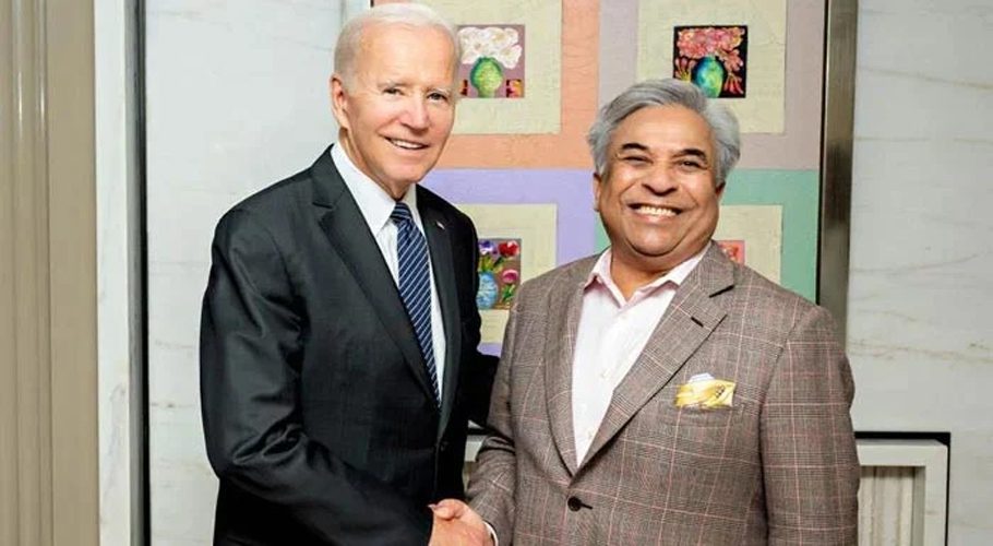 US President Joe Biden shakes hand with Shahid Ahmed Khan. (Image: The News)