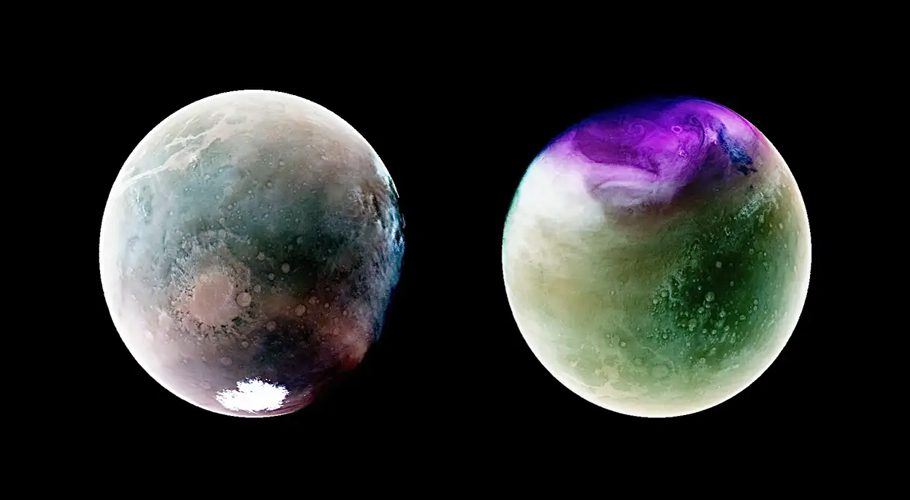A side by side of two images of Mars captured by NASA’s MAVEN spacecraft.  (Image Credits: NASA/LASP/CU Boulder)