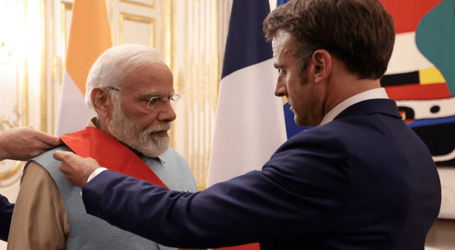 Emmanuel Macron confers Legion d’Honneur (Legion of Honour) — highest civilian award — to Indian PM Narendra Modi on Friday. — Photo via Narendra Modi/Twitter