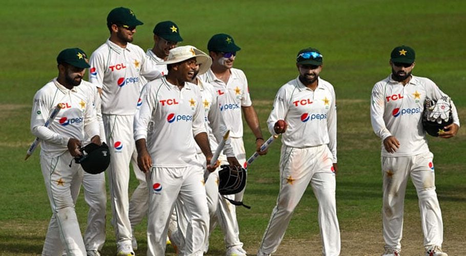Pakistan's cricketers celebrates after their team's victory by an innings and 222 runs during the fourth day of the second and final cricket Test match between Pakistan and Sri Lanka at the Sinhalese Sports Club (SSC) Ground in Colombo on July 27, 2023. — AFP