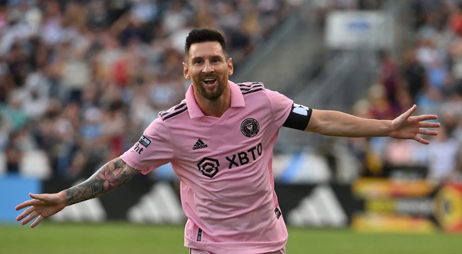 Lionel Messi celebrates after scoring against Philadelphia Union at Subaru Park Stadium in Chester, Pennsylvania, on August 15, 2023. (Angela Weiss/AFP/Getty Images)