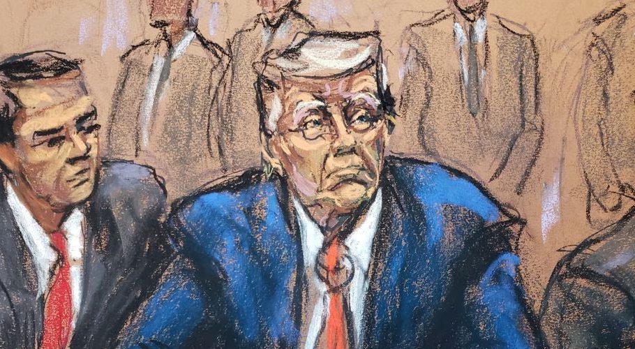 Former U.S. President Donald Trump sits next to his attorney Todd Blanche as he faces charges before Magistrate Judge Moxila A. Upadhyaya that he orchestrated a plot to try to overturn his 2020 election loss, at federal court in Washington, in a courtroom sketch, August 3.   REUTERS/Jane Rosenberg