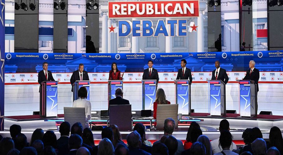North Dakota Governor Doug Burgum, former Governor of New Jersey Chris Christie, former Governor from South Carolina and UN ambassador Nikki Haley, Florida Governor Ron DeSantis, entrepreneur Vivek Ramaswamy, Senator from South Carolina Tim Scott and former Vice President Mike Pence attend the second Republican presidential primary debate at the Ronald Reagan Presidential Library in Simi Valley, Calif., Sept. 27, 2023.
Robyn Beck/AFP via Getty Images