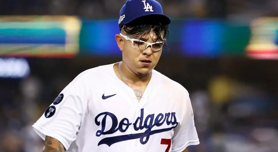 Dodgers starting pitcher Julio Urías walks to the dugout during Game 1 of the NLDS against the San Diego Padres on Oct. 11. Urías was arrested on Sunday night. (Robert Gauthier / Los Angeles Times)