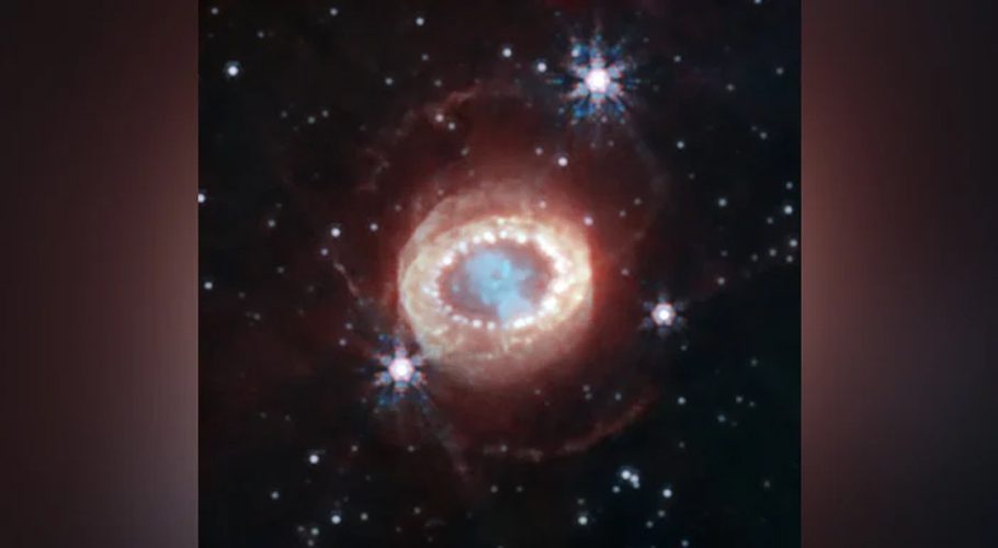 Travelling at the speed of light, it would take you almost two years to traverse the central ring of SN1987A. Nasa/ESA/CSA, Mikako Matsuura/Richard A