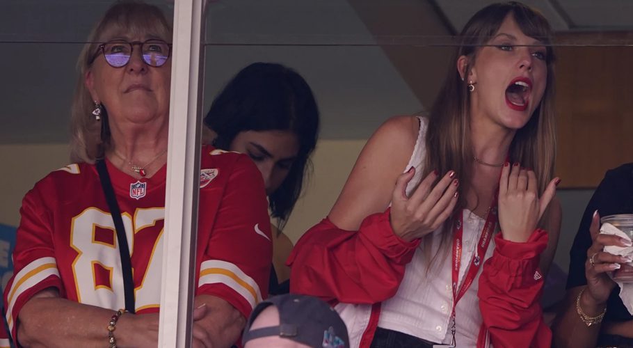 Taylor Swift, right, watches from a suite alongside Travis Kelce's mother, Donna Kelce, inside Arrowhead Stadium during the first half of an NFL football game between the Chicago Bears and Kansas City Chiefs Sunday, Sept. 24, 2023, in Kansas City, Mo. (AP Photo/Ed Zurga)