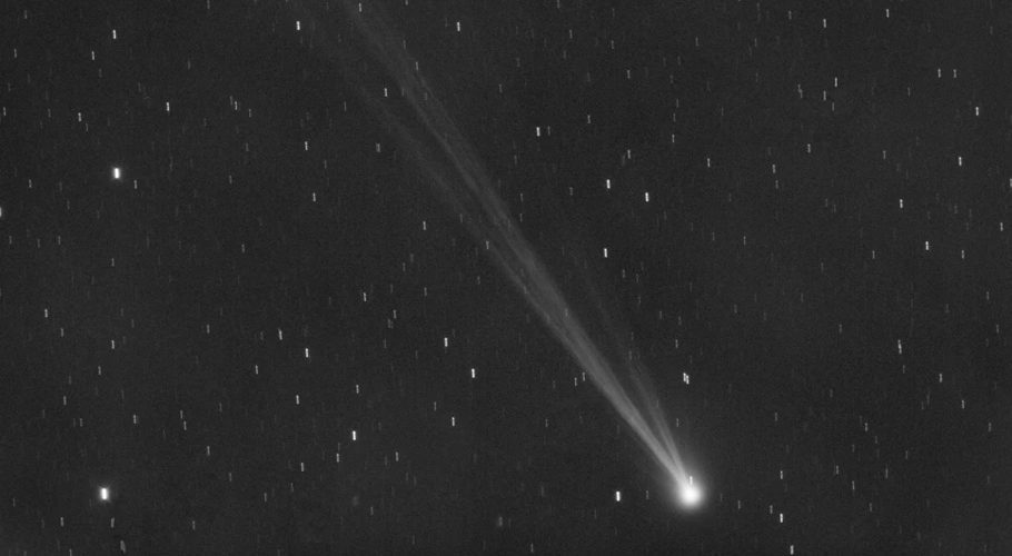 This image provided by Gianluca Masi shows the comet C/2023 P1 Nishimura and its tail seen from Manciano, Italy on Sept. 5, 2023. Stargazers across the Northern Hemisphere should catch a glimpse as soon as possible because it will be another 400 years before the wandering ice ball returns. (Gianluca Masi via AP)