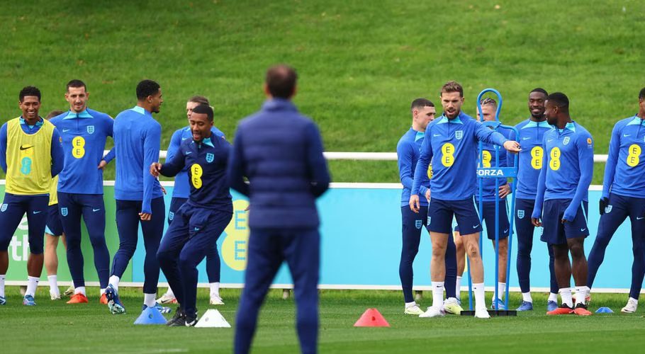 Football - International Friendly - England Training - St George's Park, Burton upon Trent, Britain - October 12, 2023 England's Marcus Rashford, Lewis Dunk, Jordan Henderson, Phil Foden and Jude Bellingham during training Action Images via Reuters/Matthew Childs Acquire Licensing Rights