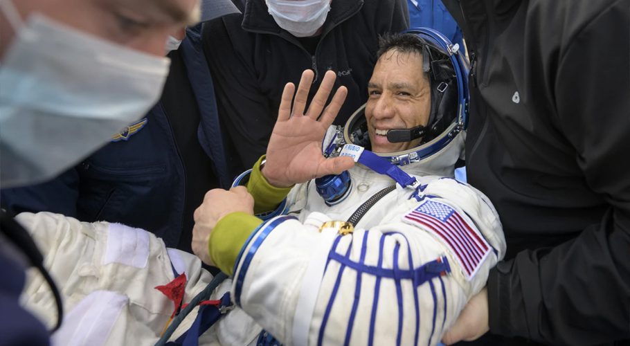 In this photo taken from video released by Roscosmos space corporation, rescue team members carry NASA astronaut Frank Rubio shortly after the landing of the Russian Soyuz MS-23 space capsule about 150 km (90 miles) south-east of the Kazakh town of Zhezkazgan, Kazakhstan, Wednesday, Sept. 27, 2023. The Soyuz capsule carrying NASA astronaut Frank Rubio, Roscosmos cosmonauts Sergey Prokopyev, and Dmitri Petelin, touched down on Wednesday on the steppes of Kazakhstan. (Roscosmos space corporation via AP)