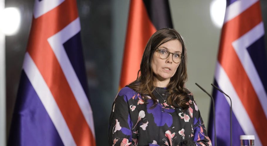 FILE - Iceland’s Prime Minister Katrin Jakobsdottir speaks to the media in Berlin, Germany, Wednesday, Jan. 25, 2023. Iceland’s prime minister went on strike Tuesday, Oct. 24 along with women across the volcanic island nation, to push for an end to unequal pay and gender-based violence. Prime Minister Katrin Jakobsdottir said she would stay home as part of the “women’s day off,” and expected other women in her Cabinet would do the same. (AP Photo/Markus Schreiber, file)