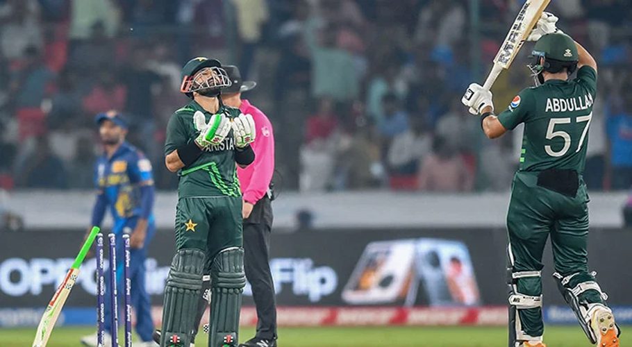 Pakistan's Mohammad Rizwan (left) celebrates after scoring a half-century (50 runs) during the 2023 ICC Men´s Cricket World Cup one-day international (ODI) match between Pakistan and Sri Lanka at the Rajiv Gandhi International Stadium in Hyderabad on October 10, 2023. — AFP