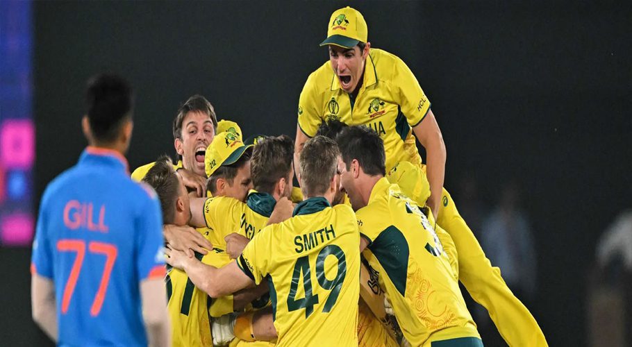 Australia's players celebrate after winning the Cricket World Cup for a sixth time. Photograph: Sajjad Hussain/AFP/Getty Images