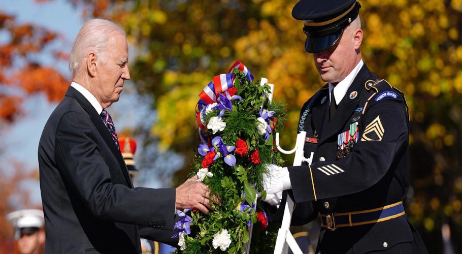 The President of The United States was in Arlington on Veterans Day, as he was seen placing the wreath in front of the Tomb of the Unknown Soldier. Vice President Kamala Harris, representatives of the U.S. Armed Forces, and a large crowd of civilian guests were in attendance.