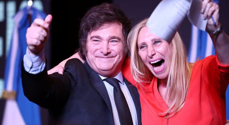 Argentine presidential candidate Javier Milei and his sister Karina Milei react to the results of Argentina's runoff presidential election, in Buenos Aires, Argentina November 19, 2023. REUTERS/Agustin Marcarian Acquire Licensing Rights