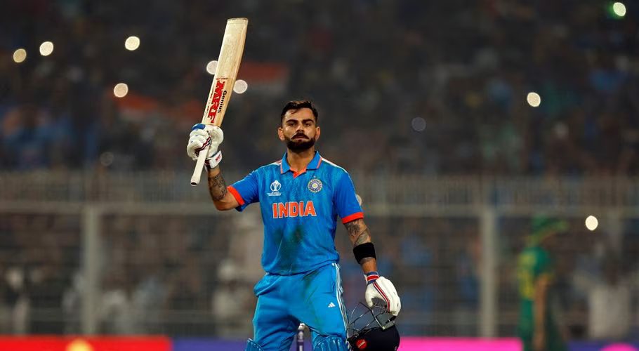 Cricket - ICC Cricket World Cup 2023 - India v South Africa - Eden Gardens, Kolkata, India - November 5, 2023 India's Virat Kohli celebrates after reaching his 49th century, equalizing with Sachin Tendulkar's record of most number of ODI centuries REUTERS/Adnan Abidi Acquire Licensing Rights