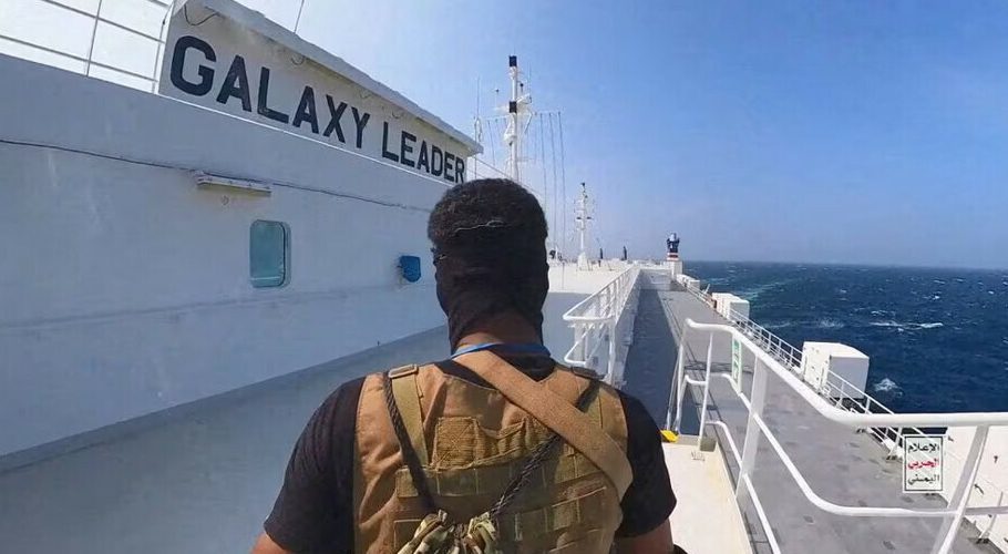 A Houthi fighter stands on the Galaxy Leader cargo ship in the Red Sea. –REUTERS