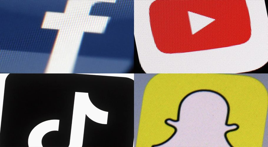 FILE - This combination of 2017-2022 photos shows the logos of Facebook, YouTube, TikTok and Snapchat on mobile devices. Teen usage of social media hasn’t dropped much despite rising concerns about its effects on the mental health of adolescents. That’s according to a new survey from the Pew Research Institute. But the data also found that roughly one in six teens describe their use of two platforms — YouTube and TikTok — as “almost constant.” Seventy-one percent of teens said they visit YouTube at least daily; 16% described their usage as “almost constant” according to the survey. A slightly larger group — 17% — said they used TikTok almost constantly. (AP Photo, File)
