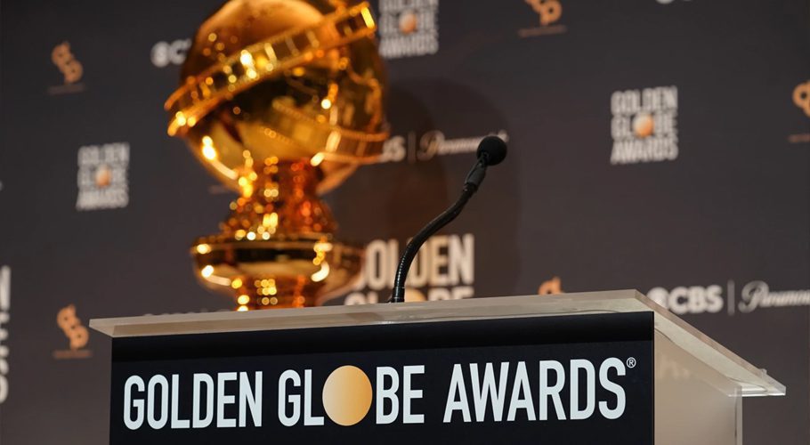 A replcia of a Golden Globe statue appear behind the podium at the nominations for the 81st Golden Globe Awards at the Beverly Hilton Hotel on Monday, Dec. 11, 2023, in Beverly Hills, Calif. The 81st Golden Globe Awards will be held on Sunday, Jan. 7, 2024. (AP Photo/Chris Pizzello)