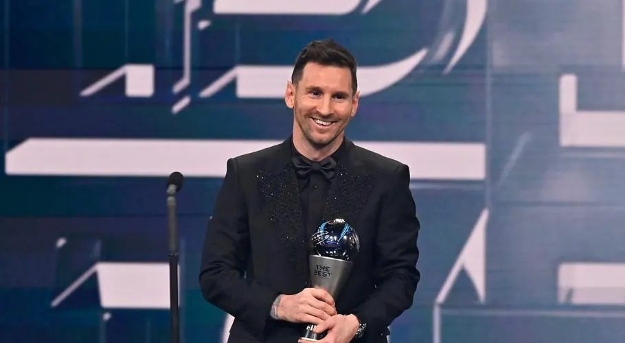PARIS, FRANCE - FEBRUARY 27: Lionel Messi poses with the Best FIFA Men's Payer 2022 award during The Best FIFA Football Awards 2022 on February 27, 2023 in Paris, France. (Photo by Aurelien Meunier/Getty Images)