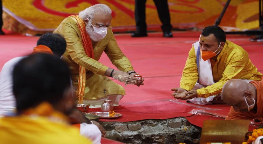 Indian Prime Minister Narendra Modi performs the groundbreaking ceremony of a temple dedicated to the Hindu god Ram, in Ayodhya, India, Aug. 5, 2020. (AP Photo/Rajesh Kumar Singh, File)