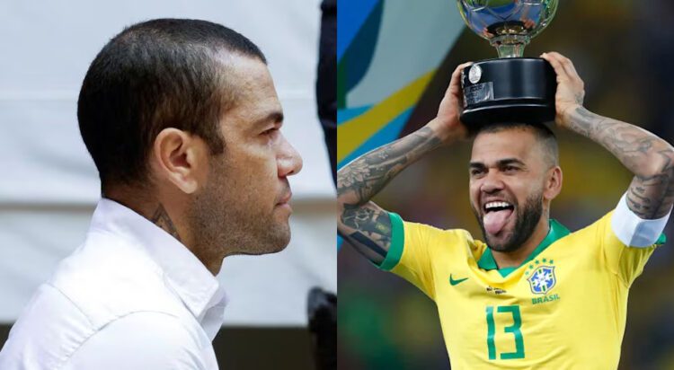 (L) Brazil footballer Dani Alves sits in court during the first day of his trial in Barcelona, Spain, February 5, 2024. Alberto Estevez/Pool via REUTERS/File Photo Purchase Licensing Rights