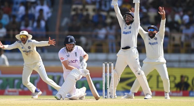 India wicketkeeper Dhruv Jurel and team mates appeal with success for the wicket of Jonny Bairstow, lbw to Ravindra Jadeja
(Getty Images)