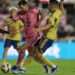 Fort Lauderdale, Florida, USA; Inter Miami CF forward Lionel Messi (10) kicks the ball against Real Salt Lake midfielder Braian Ojeda (6) during the first half at Chase Stadium. Mandatory Credit: Nathan Ray Seebeck-USA TODAY Sports