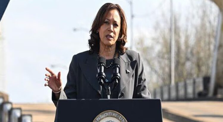 FILE/US Vice President Kamala Harris speaks at the Edmund Pettus Bridge during an event to commemorate the 59th anniversary of 'Bloody Sunday' in Selma, Alabama, on March 3, 2024. On March 7, 1965, civil rights marchers crossed the Edmund Pettus Bridge and clashed with state police who used batons and tear gas to disperse the protesters. (Photo by SAUL LOEB / AFP) (SAUL LOEB / AFP)