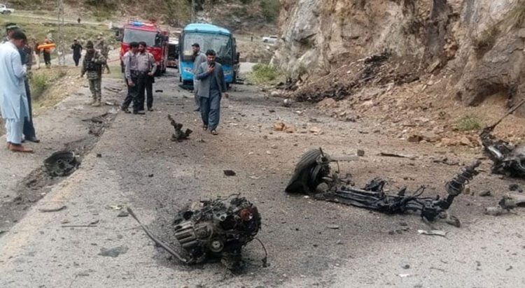 Aftermath of the deadly suicide attack on bus carrying Chinese engineers on March 26, 2024. — X/@WaliKhan_TK