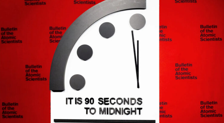 Doomsday Clock, set to 90 seconds before midnight, January 24, 2023. The Bulletin of the Atomic Scientists developed the symbolic clock in 1947.