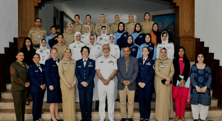 Female officers from the Office of Defence Representative of Pakistan (ODRP) and Pakistani military officers from all three services gathered earlier this year as part of a State Department-sponsored program. — Raja Ali, ODRP via State Dept website