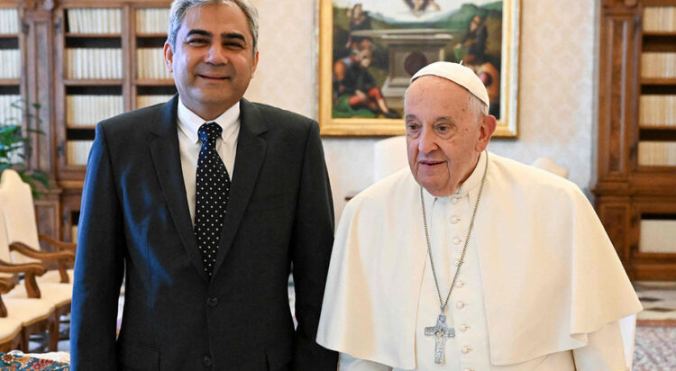This photo taken and handout on June 3, 2024 by The Vatican Media shows Pope Francis during a meeting with Interior Minister of Pakistan, Naqvi Mohsin, in The Vatican. (AFP/VATICAN MEDIA)