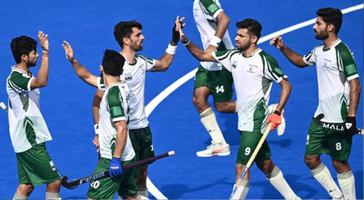 FILE/ Pakistan's players celebrate after scoring a goal during the Asian Champions Trophy 2023 hockey tournament match against China(AFP)
