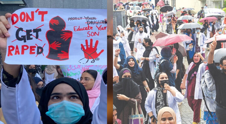 Doctors and medics take part in a protest against the alleged attempted rape of a five-year-old patient in Ganga Ram Hospital, on Tuesday. (Image: Dawn.com)