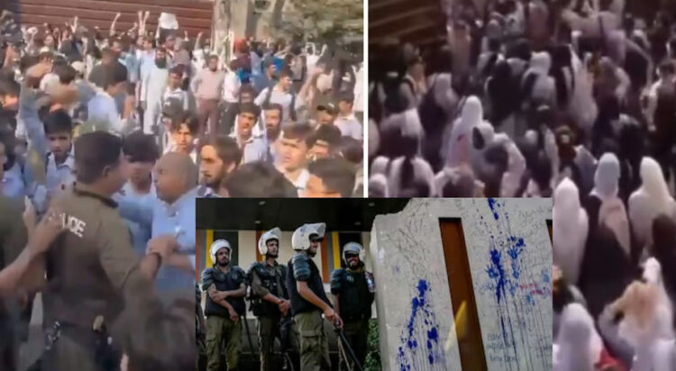 Tensions intensified as students forced their way through campus gates, prompting police to intervene. Demonstrators threw stones as police moved to control the crowd, escalating the confrontation. (Image: Daily Pakistan)