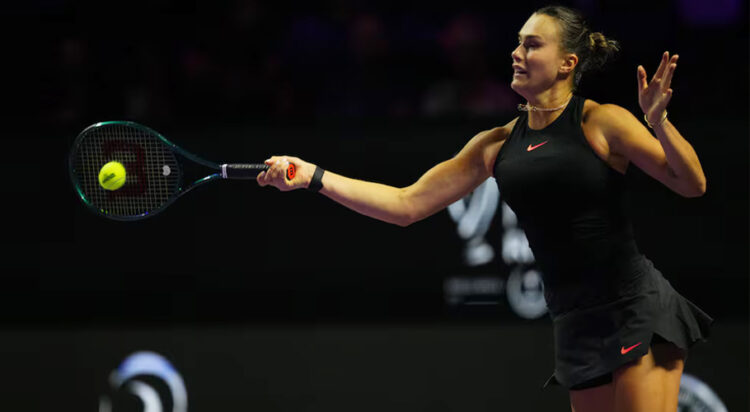 Tennis - WTA Finals - King Saud University Indoor Arena, Riyadh, Saudi Arabia - November 8, 2024 Belarus' Aryna Sabalenka in action during her women's singles semi final match against Coco Gauff of the U.S. REUTERS/Aleksandra Szmigiel/File Photo