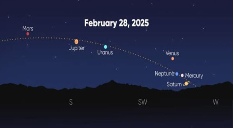 An illustration of the upcoming February planetary alignment as seen from the Northern Hemisphere. (Star Walk)