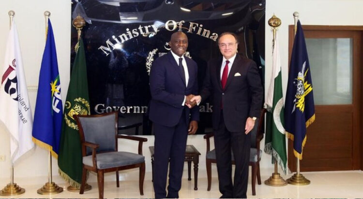 Finance Minister Muhammad Aurangzeb shakes hands with Makhtar Diop, Managing Director & Executive Vice President of the International Finance Corporation (IFC), at the Finance Division in Islamabad, Pakistan on February 14, 2025. (Photo courtesy: @Financegovpk/ X)