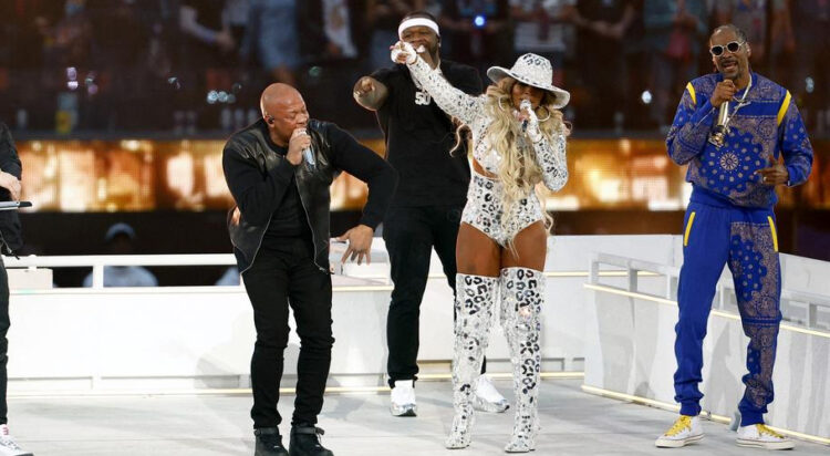 (L-R) Kendrick Lamar, Eminem, Dr. Dre, 50 Cent, Mary J. Blige, and Snoop Dogg perform during the Pepsi Super Bowl LVI Halftime Show at SoFi Stadium on February 13, 2022, in Inglewood, California. | Photo Credit: Getty Images via AFP