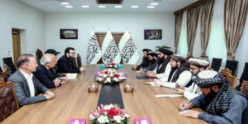 This handout photograph taken and released by Afghanistan’s Ministry of Foreign Affairs on March 20, 2025 shows US official Adam Boehler (3L) and former US envoy to Afghanistan Zalmay Khalilzad (2L) attending a meeting with Taliban foreign minister Amir Khan Muttaqi (4R), in Kabul. (AFP)