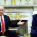 Prime Minister Benjamin Netanyahu, left, speaks alongside US President Donald Trump during a meeting in the Oval Office of the White House in Washington, DC, on April 7, 2025. (Kevin Dietsch / Getty Images via AFP)