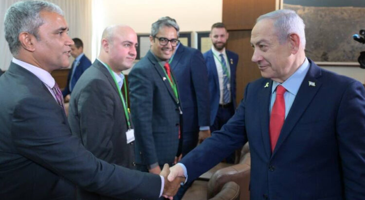 Israeli Prime Minister Banjamin Netanyahu meets a delegation of Indian journalists during a meeting with New Delhi’s envoy J.P. Singh in Jerusalem on August 7, 2025. (Handout/X/@IsraeliPM)