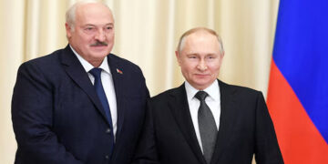 Russian President Vladimir Putin shakes hands with Belarusian President Alexander Lukashenko during a meeting at the Novo-Ogaryovo state residence outside Moscow, Russia February 17, 2023. Sputnik/Vladimir Astapkovich/Kremlin via REUTERS