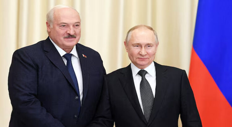Russian President Vladimir Putin shakes hands with Belarusian President Alexander Lukashenko during a meeting at the Novo-Ogaryovo state residence outside Moscow, Russia February 17, 2023. Sputnik/Vladimir Astapkovich/Kremlin via REUTERS