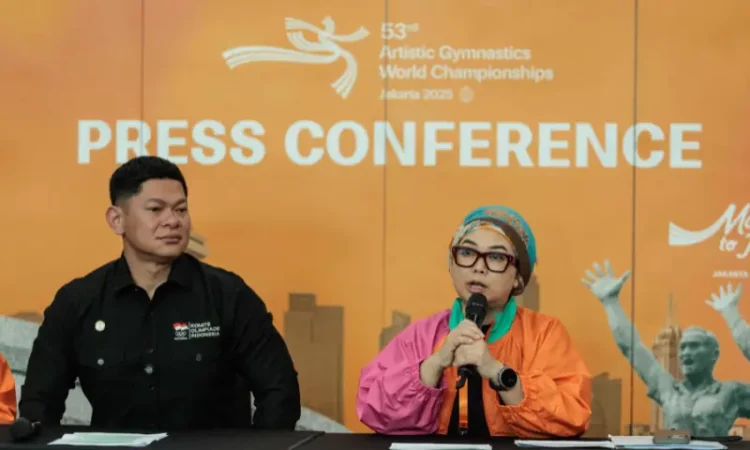 Indonesian Gymnastics Federation president Ita Yuliati (R) and Indonesian Olympic Committee president Raja Sapta Oktohari attend a press conference ahead of the 53rd Artistic Gymnastics World Championships at Indonesia Arena in Jakarta on October 10, 2025. — AFP